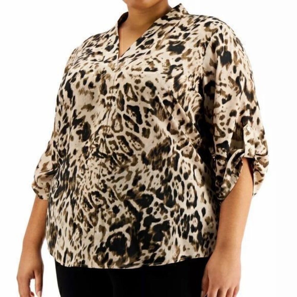 Calvin Klein Womens Blouse Brown US 1X Plus Animal Print Roll-Tab Top $79